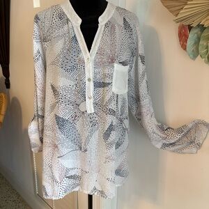 ITALIAN Made Long Sleeve White Geo Print Woven Viscose Long Tunic Top! Sequins M